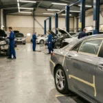 Atelier de carrosserie automobile dans le Puy-de-Dôme avec plusieurs véhicules en réparation et mécaniciens en blouse bleue