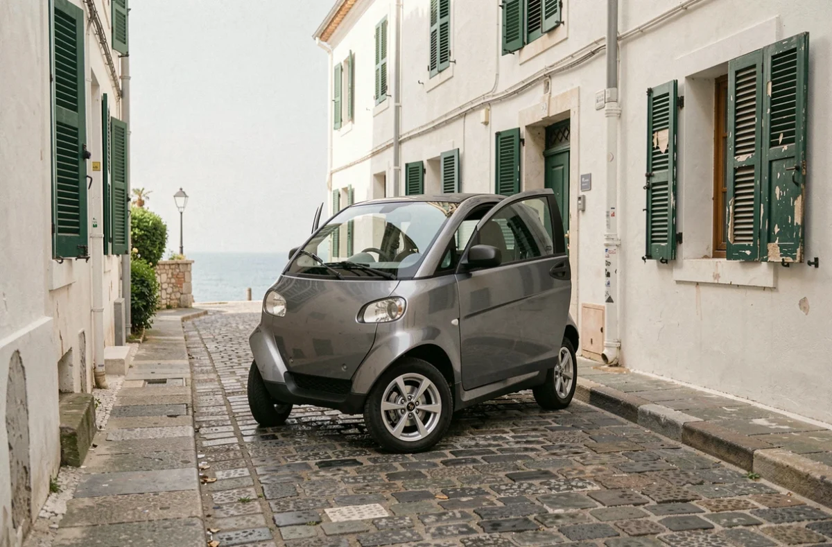 Microcar électrique sans permis garée dans une rue pavée du centre-ville de Marseille