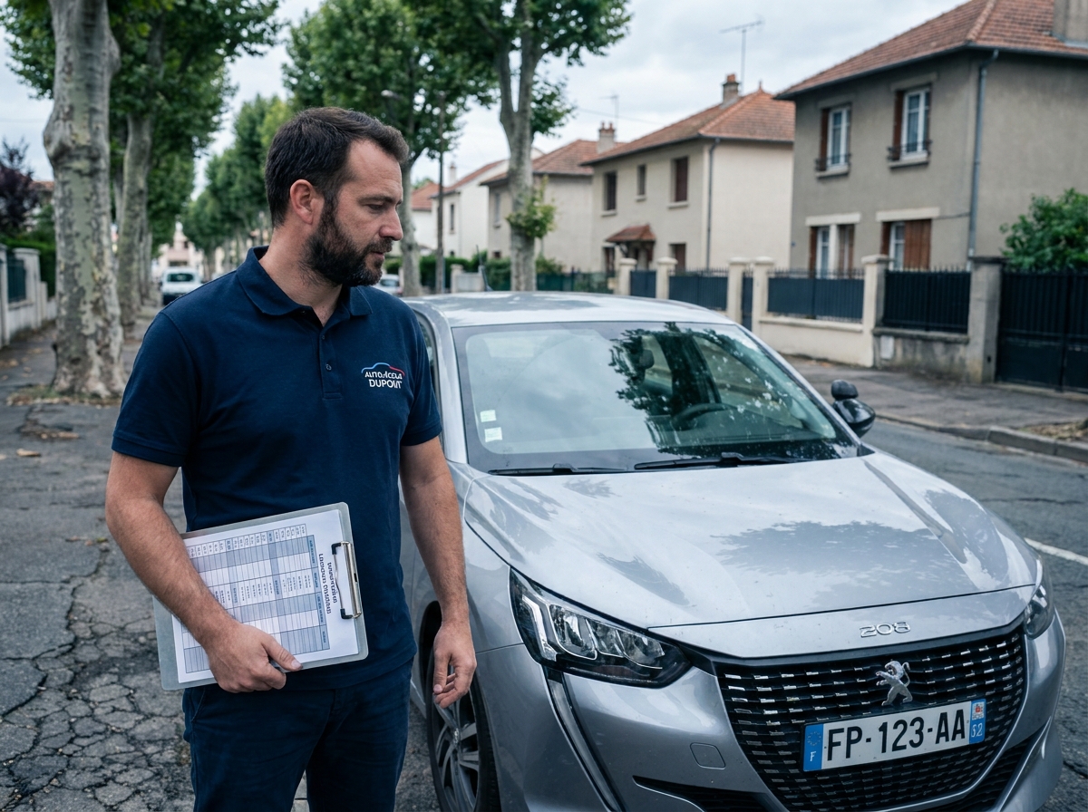 Moniteur d'auto-école debout près d'un véhicule école en banlieue, tenant un planning de leçons de conduite