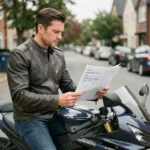 Motard homme consultant un document d'assurance moto assis sur sa moto dans une rue résidentielle
