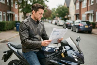 Motard homme consultant un document d'assurance moto assis sur sa moto dans une rue résidentielle