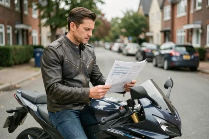 Motard homme consultant un document d'assurance moto assis sur sa moto dans une rue résidentielle