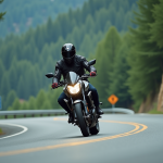 Motard en virage sur route de montagne avec forêt