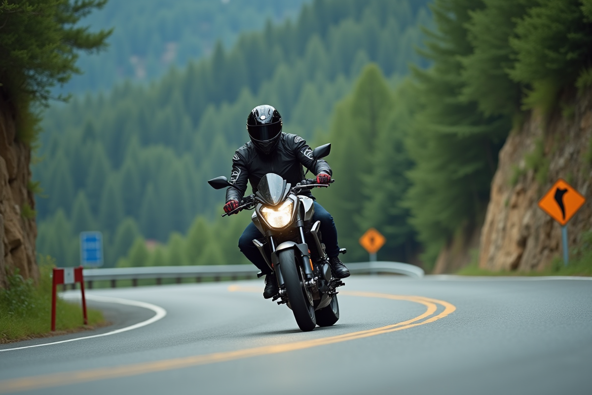 Motard en virage sur route de montagne avec forêt