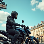 Motard avec casque moderne sur une moto à Paris