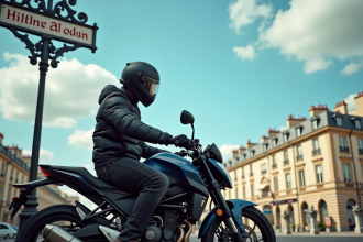 Motard avec casque moderne sur une moto à Paris