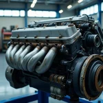 Moteur BMW B47 quatre cylindres diesel exposé dans un atelier mécanique professionnel, montrant la culasse et les composants accessoires