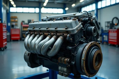 Moteur BMW B47 quatre cylindres diesel exposé dans un atelier mécanique professionnel, montrant la culasse et les composants accessoires