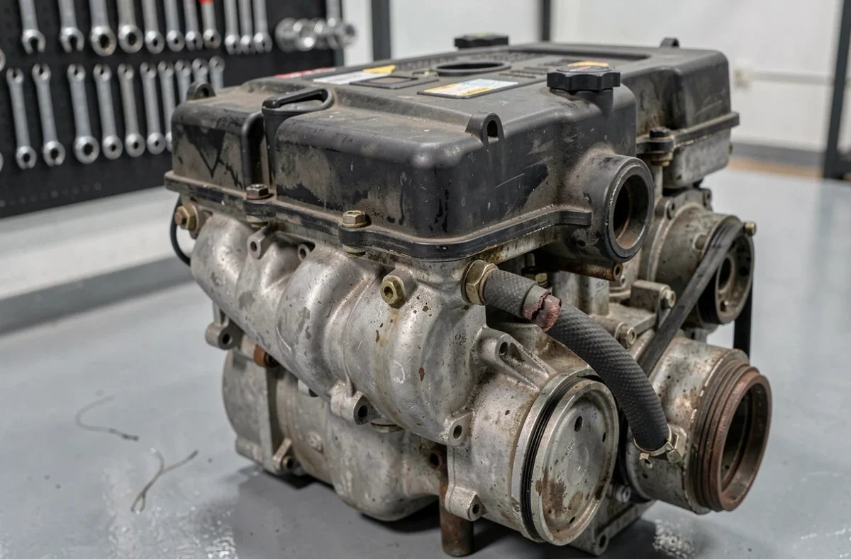 Moteur 1.2 PureTech usé avec traces d'huile et pièces dégradées visibles après kilométrage élevé sur Peugeot