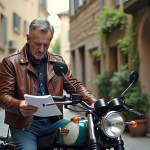 Homme motard vintage examine des papiers près d'une moto classique