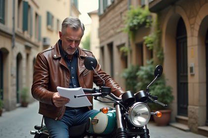 Homme motard vintage examine des papiers près d'une moto classique