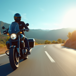 Motard sur une route espagnole en été avec casque moderne