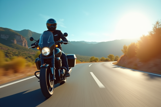 Motard sur une route espagnole en été avec casque moderne