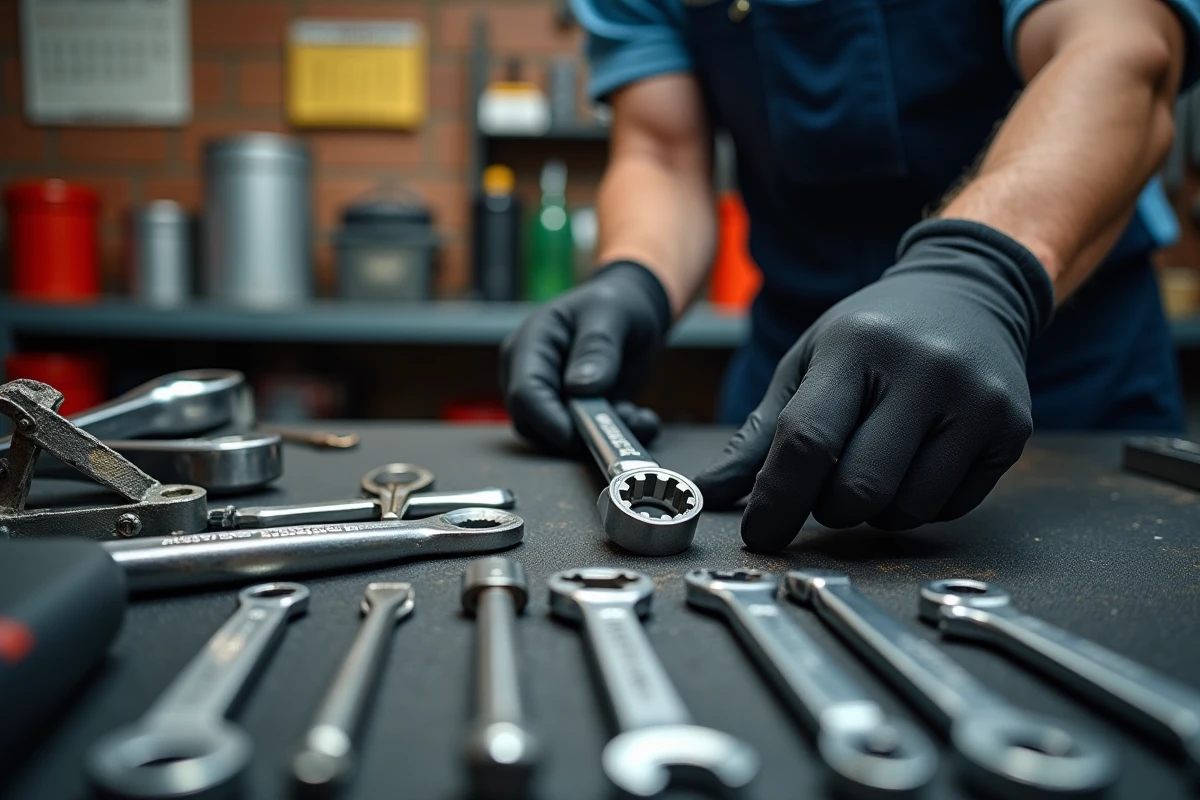 Établi de mécanicien avec outillage indispensable pour l'entretien automobile : clés, tournevis, pinces et jauges d'épaisseur
