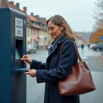 Femme payant son stationnement à un horodateur dans un parking en plein air à Colmar, entourée de bâtiments alsaciens