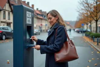 Femme payant son stationnement à un horodateur dans un parking en plein air à Colmar, entourée de bâtiments alsaciens