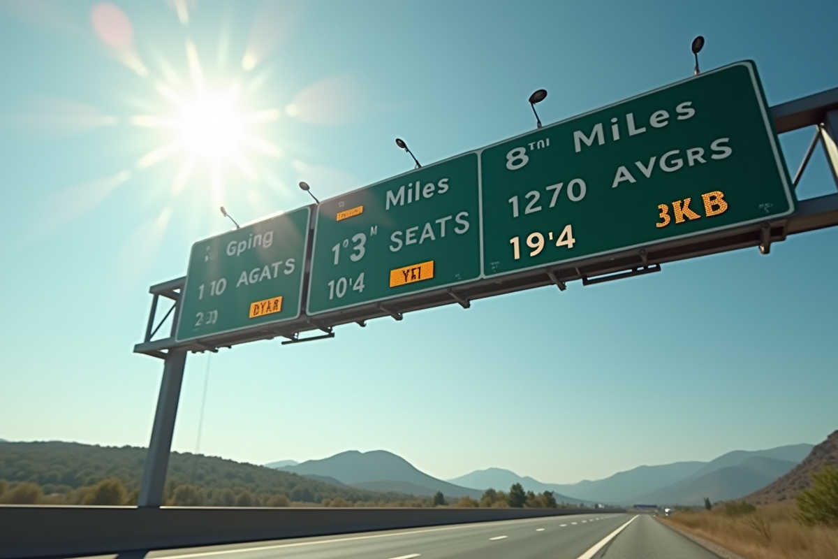 Panneau routier américain affichant des distances en miles en plein jour