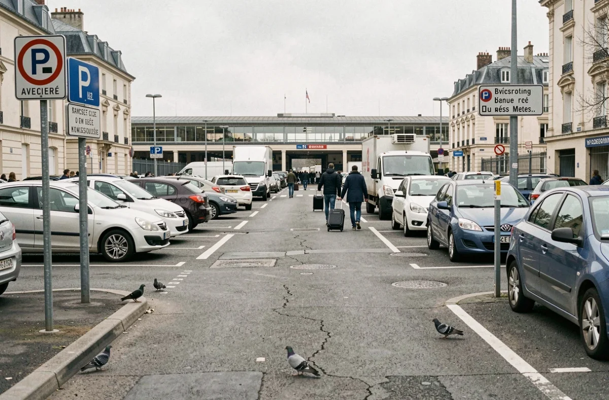 Vue de rue d'un parking saturé devant la gare de Valence un matin de semaine
