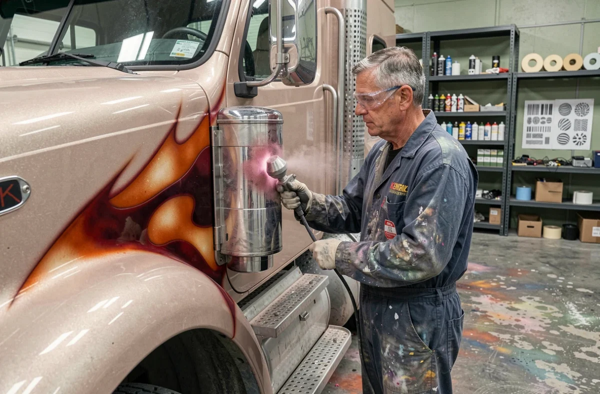 Artisan peintre appliquant des flammes à l'aérographe sur le panneau latéral d'un camion Kenworth W900A en atelier