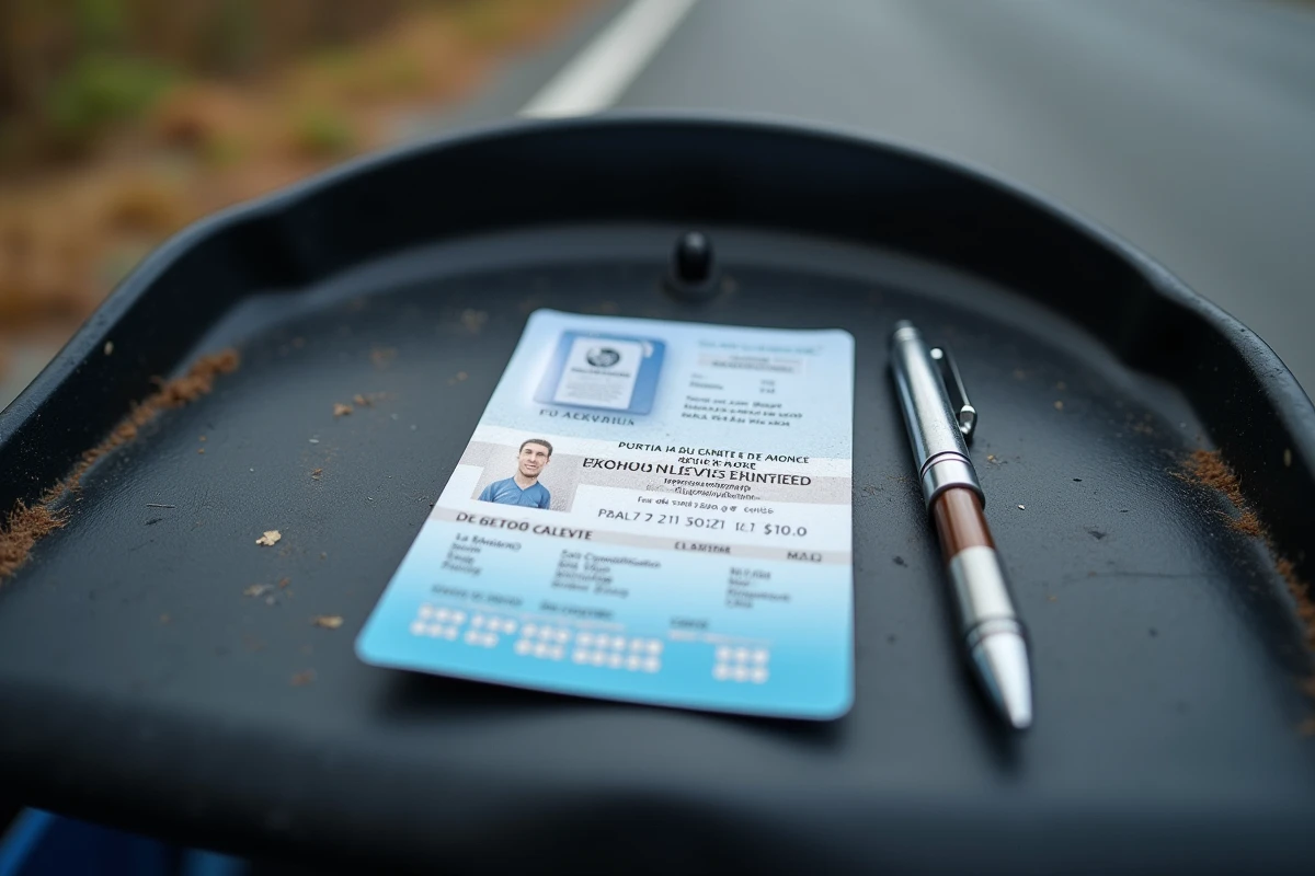 Permis de conduire et carte grise posés sur le tableau de bord d'un scooter trois roues lors d'un contrôle routier