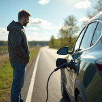 Personne branchant sa voiture électrique en plein jour dans la nature