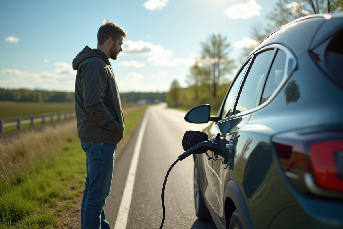 Personne branchant sa voiture électrique en plein jour dans la nature