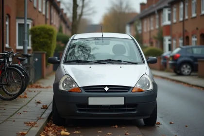 Petite voiture essence compacte garée dans une rue résidentielle, idéale pour les petits trajets urbains quotidiens