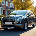Peugeot 3008 d'occasion stationnée en banlieue en plein soleil