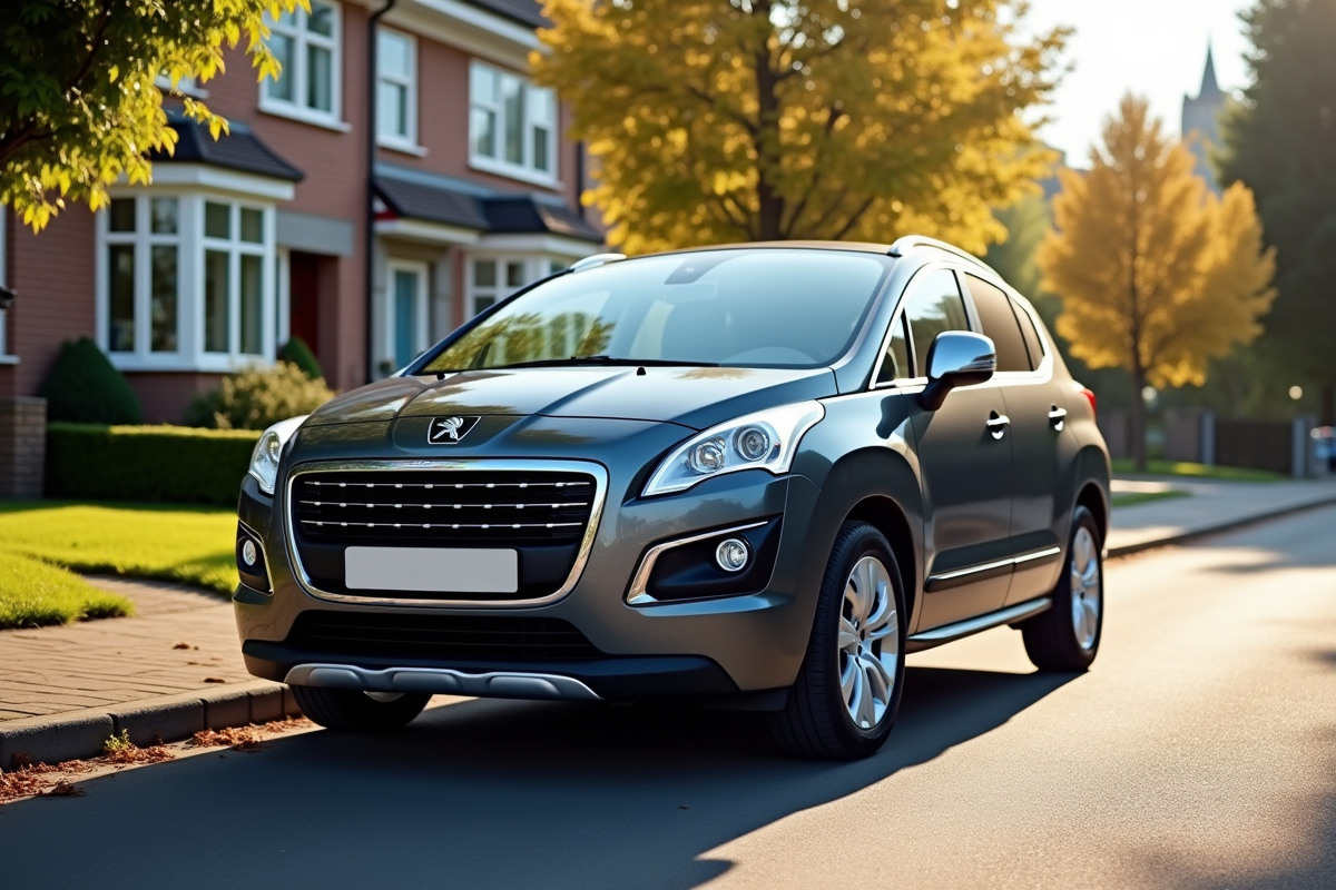 Peugeot 3008 d'occasion stationnée en banlieue en plein soleil