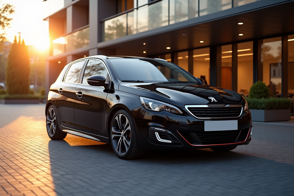 Peugeot 308 GTI stationnée devant un bâtiment contemporain