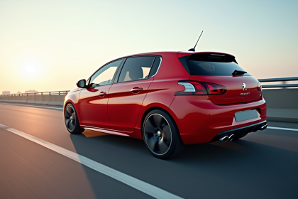 Peugeot 308 GTI en mouvement sur une autoroute moderne