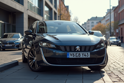 Peugeot 508 PSE en ville avec voitures premium en arrière-plan