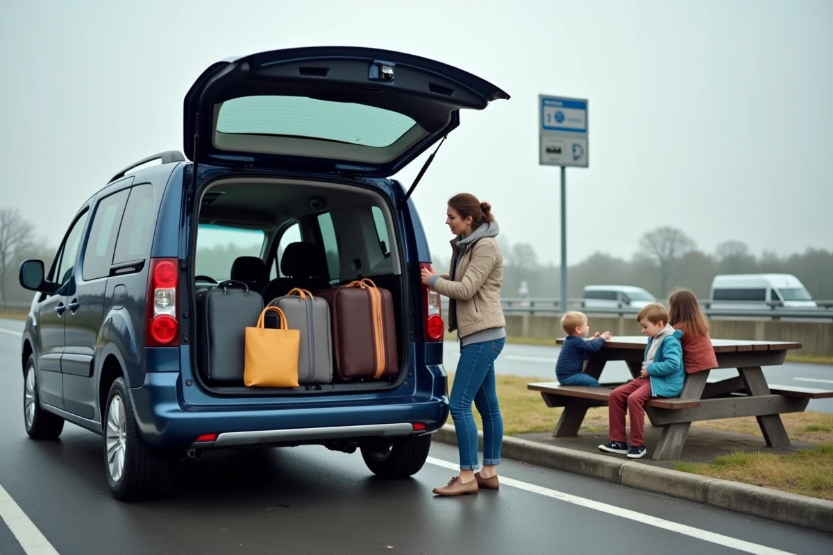 Coffre du Peugeot Partner Tepee chargé de bagages familiaux à une aire d'autoroute, mère organisant les valises avec des enfants assis à proximité