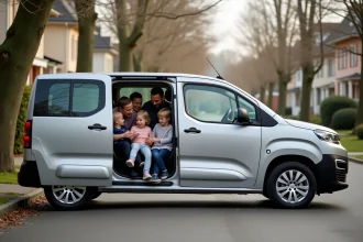 Grande famille réunie autour d'un Peugeot Partner Tepee gris garé dans une rue résidentielle, parents et enfants découvrant l'habitacle spacieux