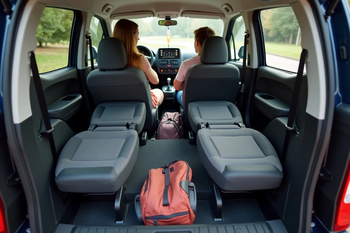 Intérieur spacieux du Peugeot Partner Tepee avec sièges modulables, sièges enfants installés à l'arrière et coffre pratique pour famille nombreuse