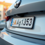 Vue rapprochée d'une plaque d'immatriculation française sur une voiture argentée