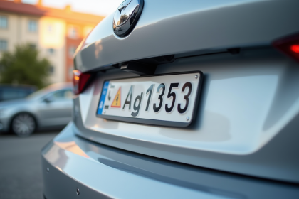 Vue rapprochée d'une plaque d'immatriculation française sur une voiture argentée