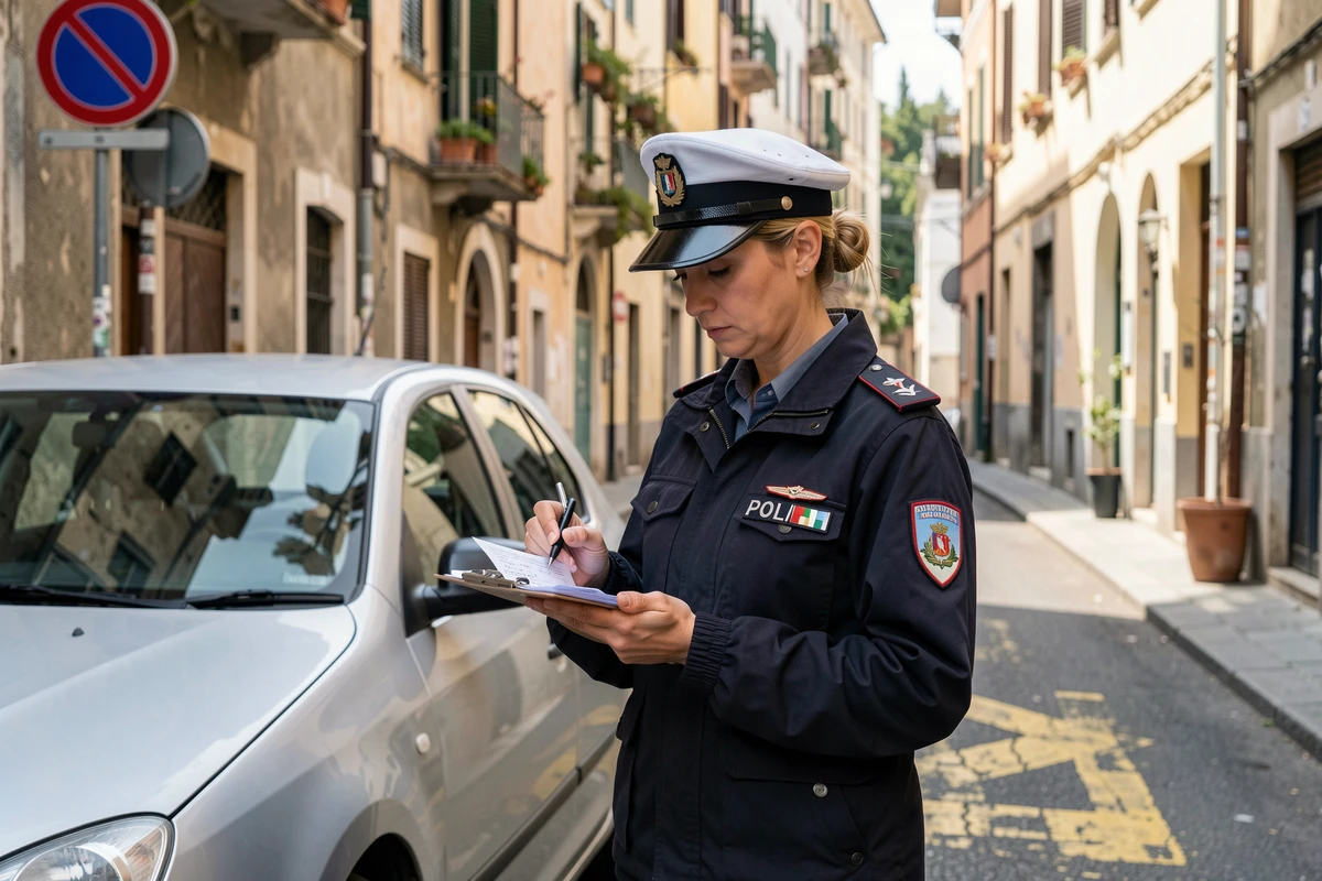 Policière municipale italienne en train de rédiger un PV de stationnement illégal