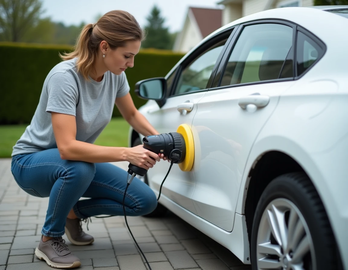 Femme utilisant une polisseuse orbitale sur carrosserie nacrée blanche d'une berline dans une allée privée