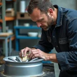 Technicien en atelier préparant une jante en alliage par ponçage avant application de peinture, illustrant les étapes de préparation qui influencent le prix de la remise en état