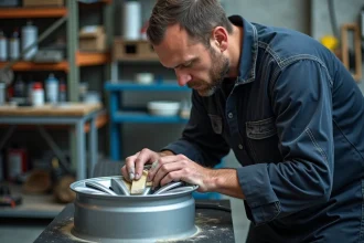 Technicien en atelier préparant une jante en alliage par ponçage avant application de peinture, illustrant les étapes de préparation qui influencent le prix de la remise en état