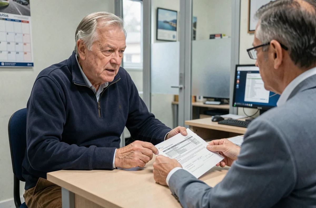 Senior en rendez-vous chez un courtier pour comparer les prix d'une assurance voiture sans permis