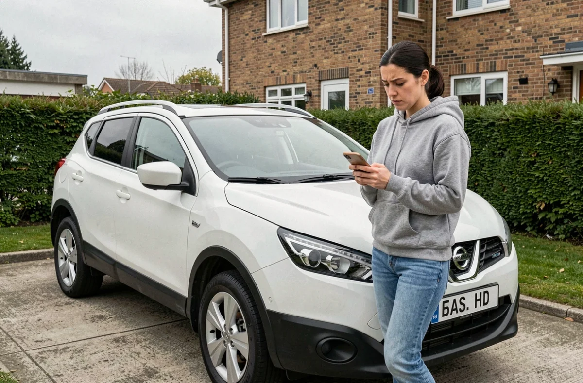 Propriétaire de Nissan Qashqai consultant les avis fiabilité moteur sur smartphone devant son véhicule
