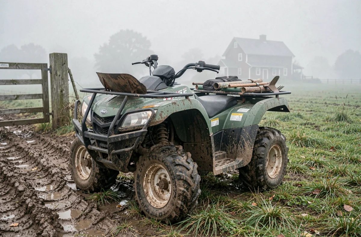 Quad agricole chargé d'outils garé près d'un portail de champ boueux par temps brumeux