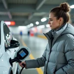 Femme branchant un câble de recharge sur une borne électrique dans un parking Carrefour