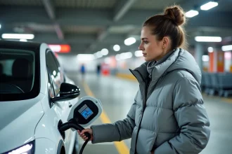 Femme branchant un câble de recharge sur une borne électrique dans un parking Carrefour
