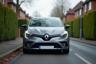 Renault Clio 5 grise métallisée garée dans une rue résidentielle, vue en perspective trois quarts avant