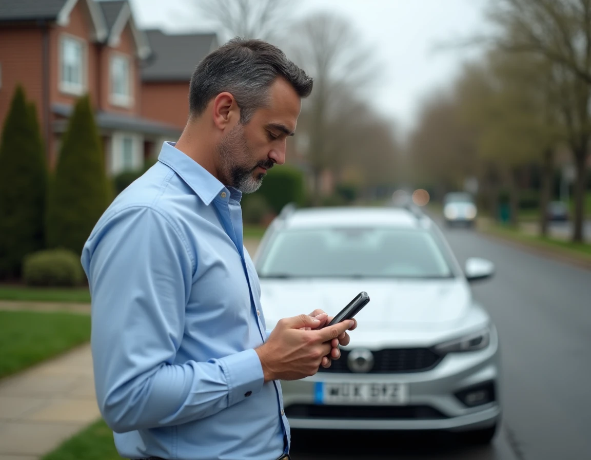 Homme vérifiant le renouvellement de carte grise sur smartphone à côté de sa voiture dans une allée résidentielle