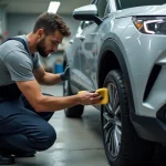 Technicien appliquant un rénovateur plastiques extérieurs sur le pare-chocs d'un SUV dans un atelier de détailing professionnel