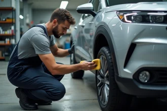 Technicien appliquant un rénovateur plastiques extérieurs sur le pare-chocs d'un SUV dans un atelier de détailing professionnel